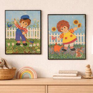 Rare Vintage Raggedy Ann & Andy Sunflower Garden Wall Art Plaques Set Nursery